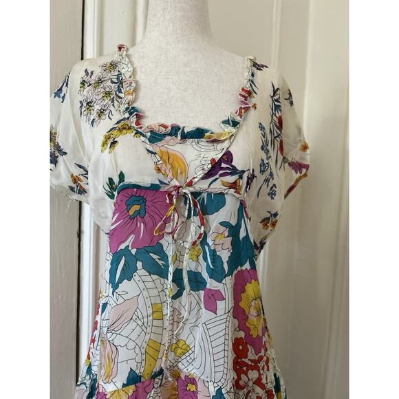 Johnny Was Floral Semi Sheer Silk Dress With Tie Square Neckline | S - Picture 2 of 6